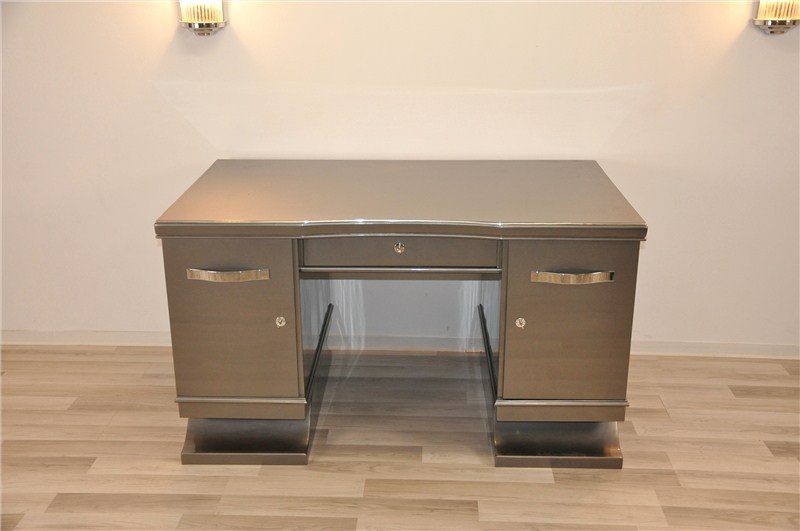 Belgischer Art-Deco-Schreibtisch in Metallic-Grau