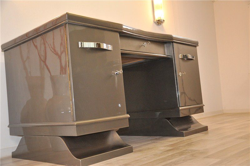 Belgischer Art-Deco-Schreibtisch in Metallic-Grau