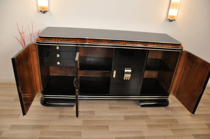 Französisches Art-Deco-Sideboard mit Klavierlack und Mahagoni-Verzierungen