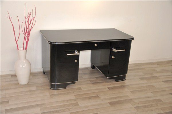 Schreibtisch im Art-Deco-Stil, schwarz lackiert, Klavierlack 