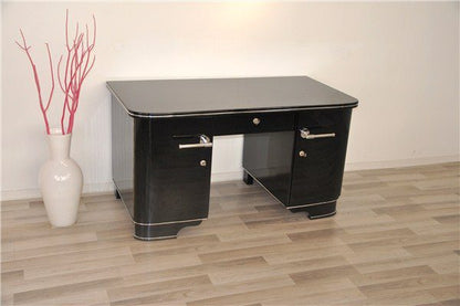 Schreibtisch im Art-Deco-Stil, schwarz lackiert, Klavierlack 
