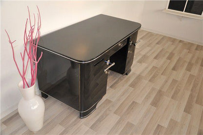 Schreibtisch im Art-Deco-Stil, schwarz lackiert, Klavierlack 