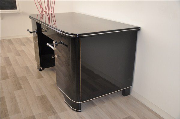 Schreibtisch im Art-Deco-Stil, schwarz lackiert, Klavierlack 