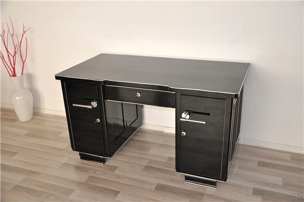 Black Art Deco Desk with Leather Applications