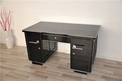 Black Art Deco Desk with Leather Applications