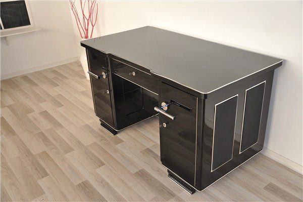 Black Art Deco Desk with Leather Applications