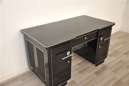 Black Art Deco Desk with Leather Applications