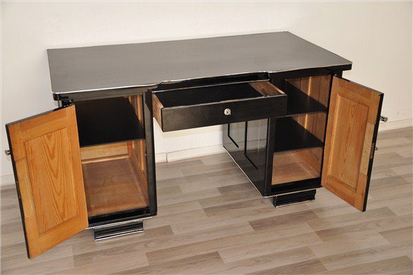 Black Art Deco Desk with Leather Applications