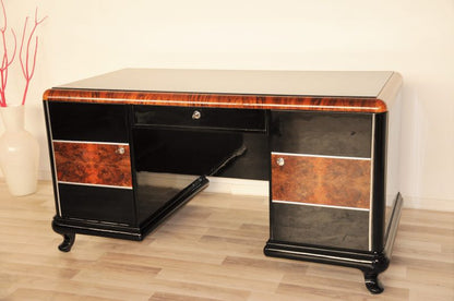 Hochglanz Art Deco Schreibtisch mit Wurzelholz Details