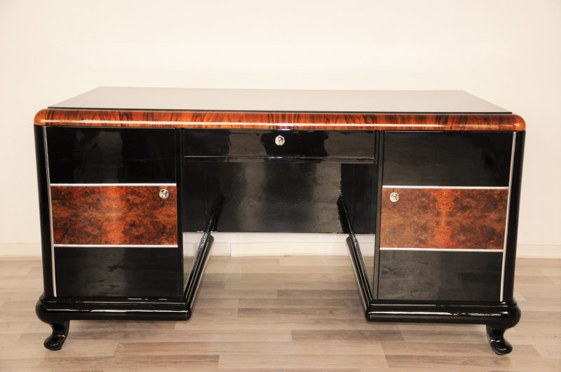 Hochglanz Art Deco Schreibtisch mit Wurzelholz Details