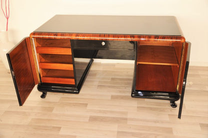 Hochglanz Art Deco Schreibtisch mit Wurzelholz Details