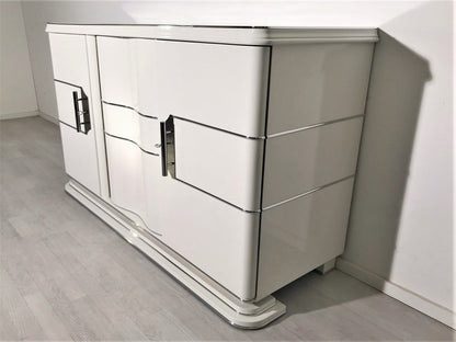 Weißes Art Deco Chrome Liner Sideboard mit schönen Chromgriffen