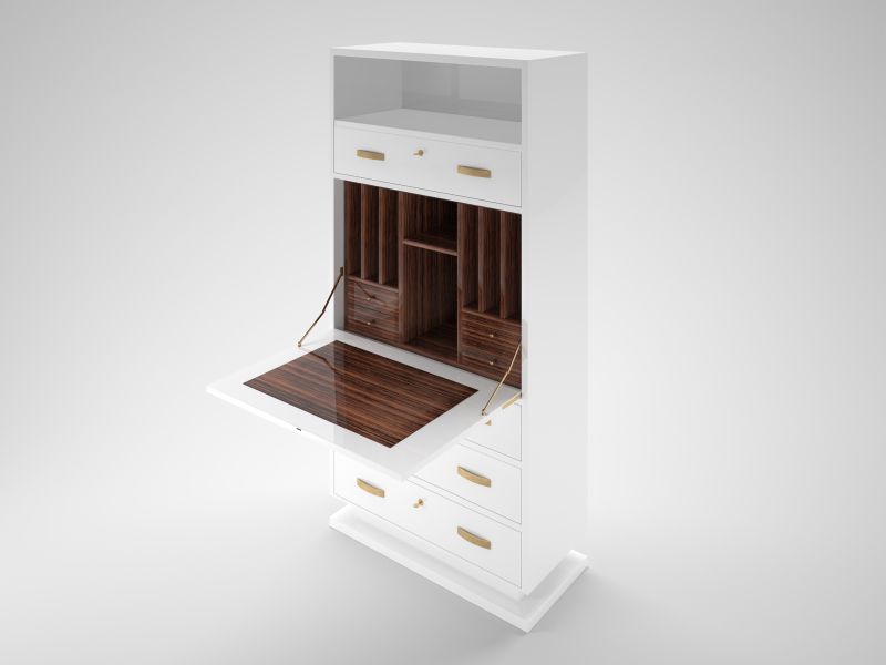 Hoher Weißer Design Sekretär Schrank mit Makassar Holz Innenleben