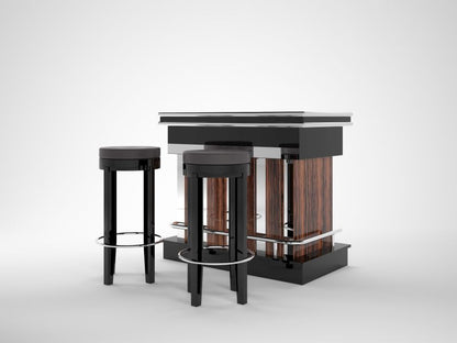 Makassar und Klavierlack Design Bar mit Chromstangen und Hocker in Leder