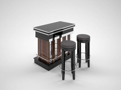 Makassar und Klavierlack Design Bar mit Chromstangen und Hocker in Leder