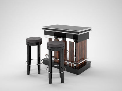 Makassar und Klavierlack Design Bar mit Chromstangen und Hocker in Leder