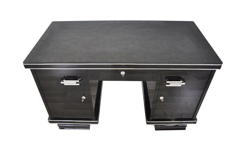 Belgischer schwarzer Art Deco Schreibtisch mit Lederplatte