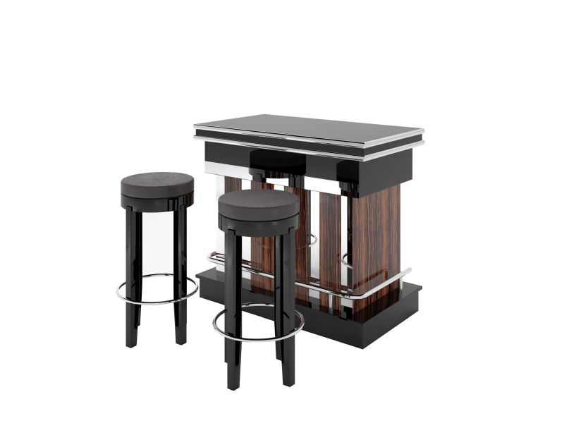 Makassar und Klavierlack Design Bar mit Chromstangen und Hocker in Leder