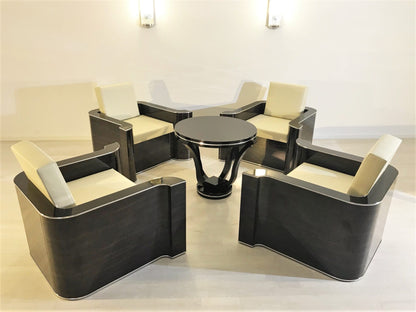 4 Art Deco Sessel mit Armlehnen aus Makassar und Beistelltisch