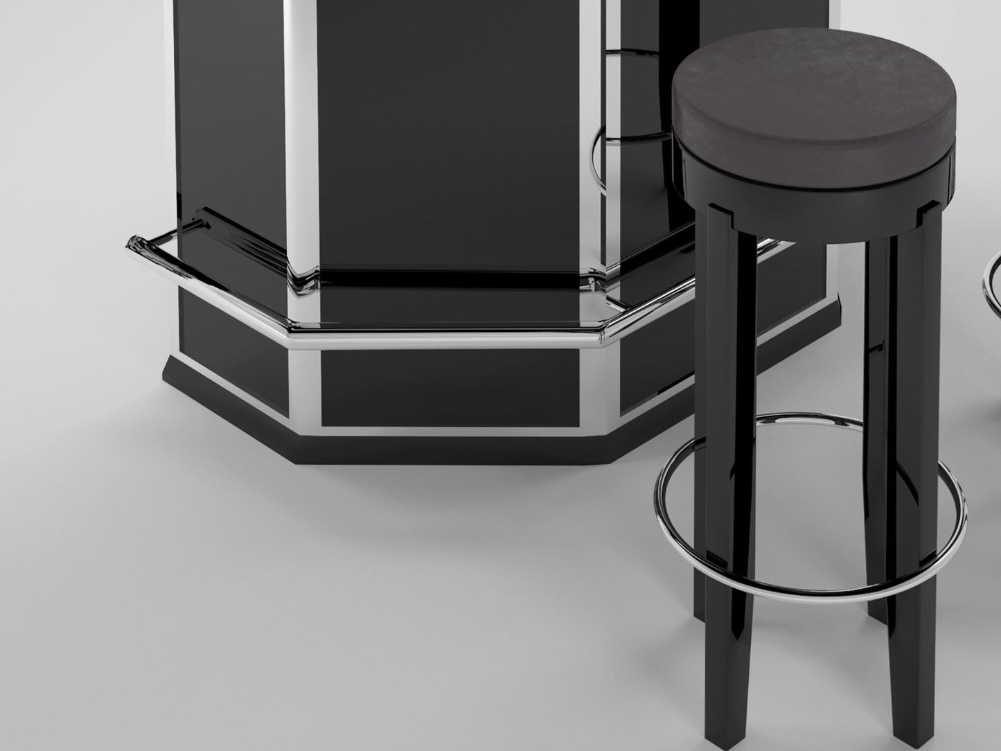 Schwarze Art Deco Bar mit Chromapplikationen